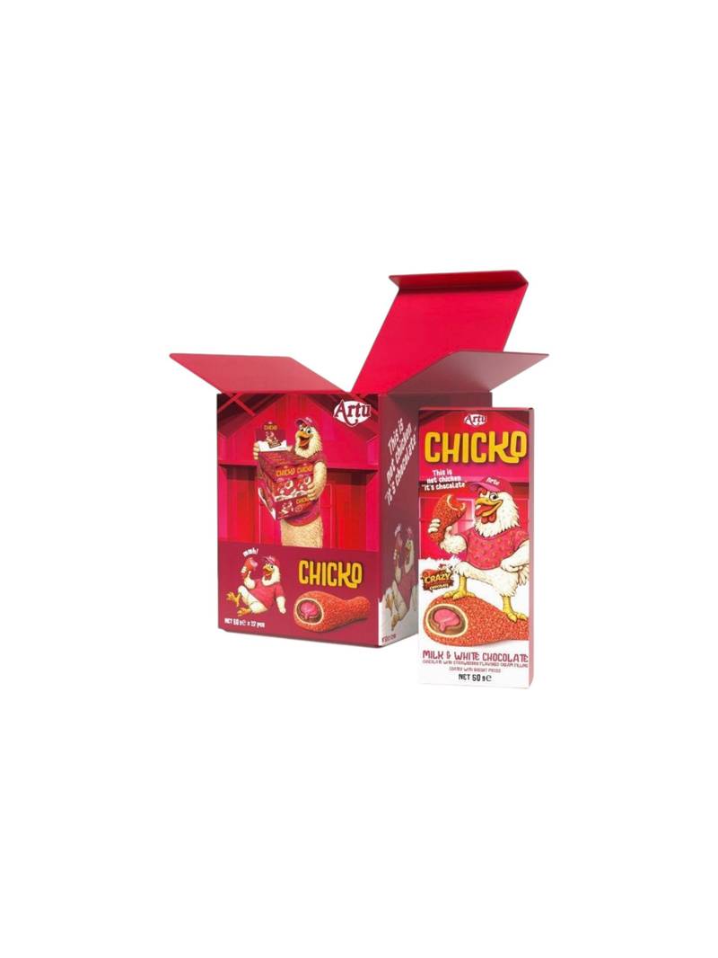CHIKO - CHOCOLAT AVEC FOURRAGE A LA CREME AROMATISEE A LA FRAISE, ENROBE DE MORCEAUX DE BISCUIT 50G