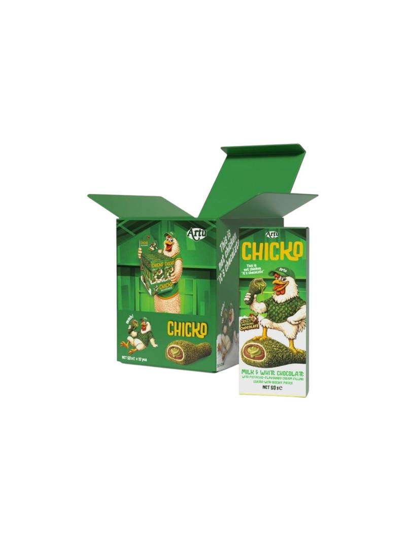 CHIKO - CHOCOLAT AVEC FOURRAGE A LA CREME AROMATISEE A LA PISTACHE, ENROBE DE MORCEAUX DE BISCUIT 50G